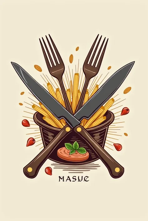 Imagine realistic restaurant logo called Master fries and pasta with cutlery French fries pasta pots