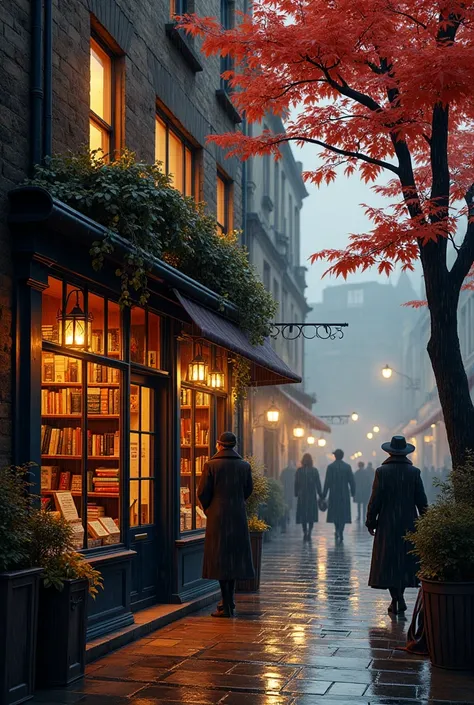  A bookstore in Edinburgh on a rainy autumn day,  warm and comforting lights , Red tree leaves 