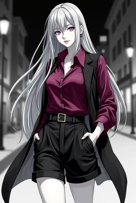  woman with long straight gray hair,  long black wide shorts with belt  , short black chest top ,  long burgundy open shirt , high shoes ,   at night in town , monochrome style ,  Line art ,  detailed face ,  detailed beautiful purple eyes ,  long lashes ,...