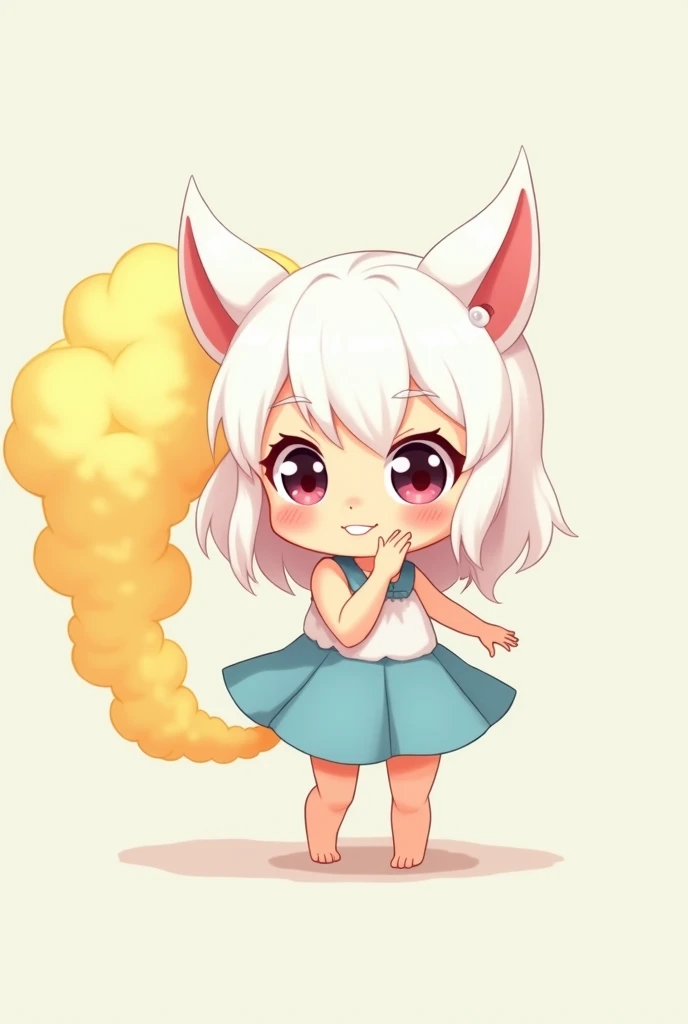 Cute white-haired succubus girl farting（HUD’s two-dimensional face）,Wearing a short light blue skirt，farting(yellow smoke)，