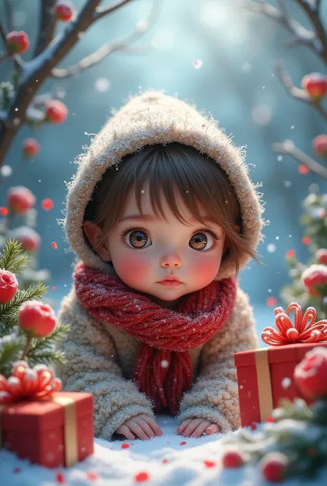 (Best quality,Ultra-detailed,Realistic), its Xmas,Beautiful detailed eyes,curious expressionsxmas, navidad, ,snow drenched garden background,Bright flowers,Xmas presents , ,Colorful petals,Gentle breeze,Vivid colors,Artistic rendering,subtly lit