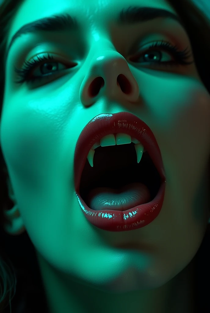 Vampier mouth with teeth, sexy, green neon lights and tongue. very close 