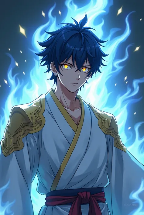  Young looking man , not too young,  in battle anime style ,  epic position conveying heroism , dark blue hair, beautiful appearance,  glowing eyes shining in gold ,  looking at a penetrating , very pale skin,  messy short hair ,  bangs but not too long, e...