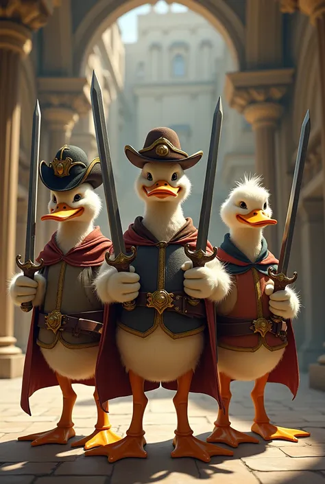 Make 3 duck muskieter taht are holding sword together 