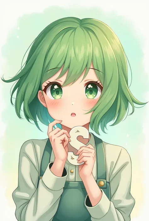 A cute anime girl with green hair and eyes with s in front of her