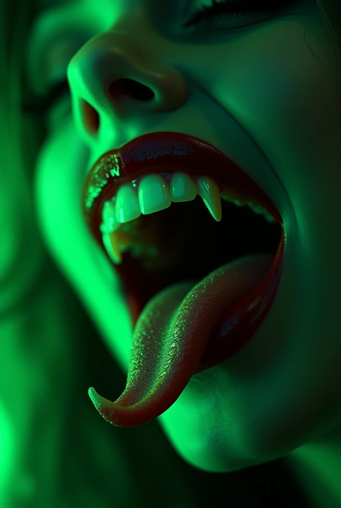 Vampier mouth with teeth and tongue, sexy, green neon lights. very closer