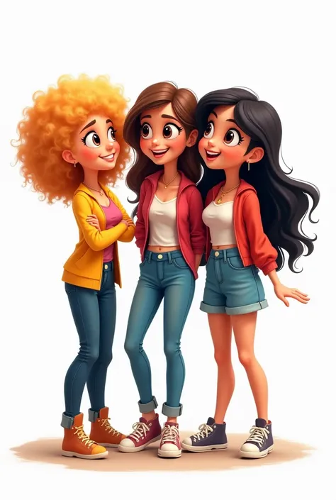 Cartoon cartoon of 3 female friends a curly blonde,  one with straight black hair ,  and one with straight brown hair , all with black eyes , image with white background.