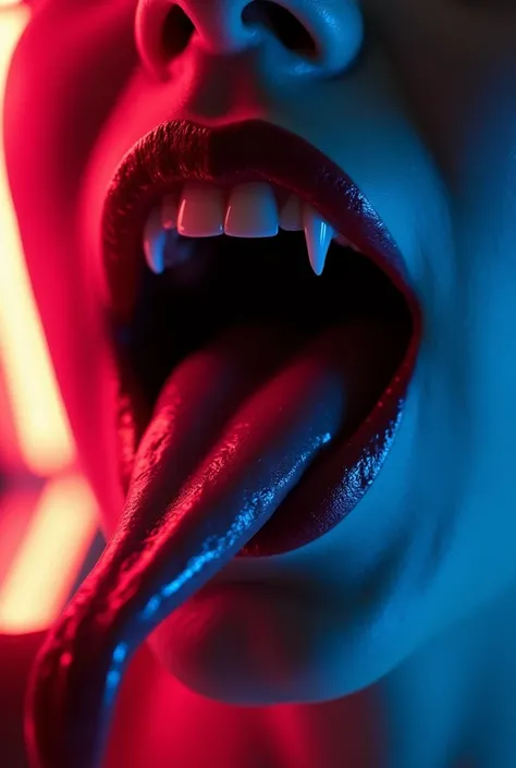 Vampier mouth with teeth and tongue, sexy, neon lights

