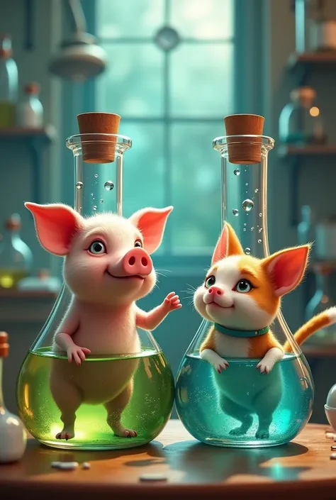 Pig and cat in two bottle in the lab 