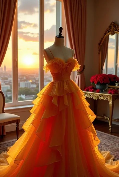 This image contains、 The picture shows a gorgeous dress adorning a torso mannequin。 The dress is bright orange and with a yellow gradation、 multiple frills are overlapping 、 Its a very gorgeous design 。There is a large window in the background.、 You can se...