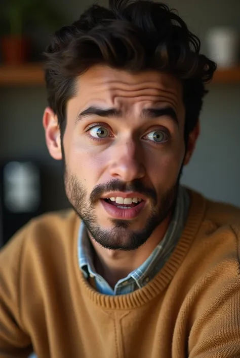 young man with his eyes cast downward, he is looking down, his eyes are looking straight down, highly detailed photograph of a man with an surprised facial expression. average looking guy, he is wearing a tan sweater. dark haired man. half black, short bea...