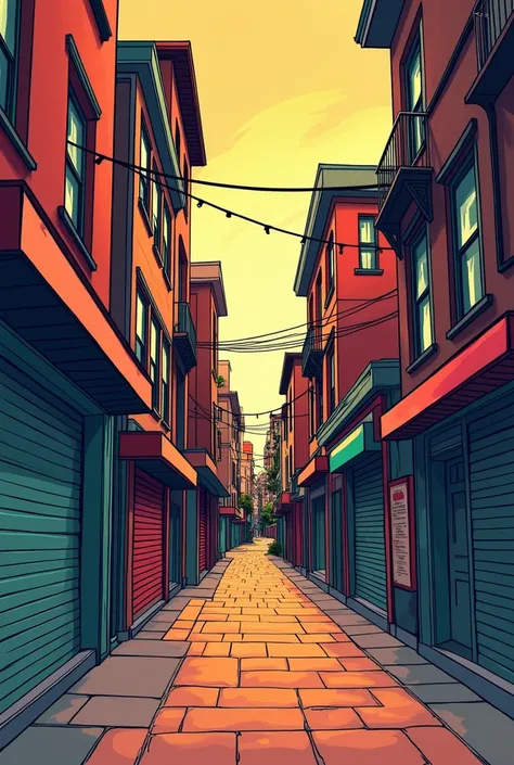 Draw a picture of a comic-style city alley in color