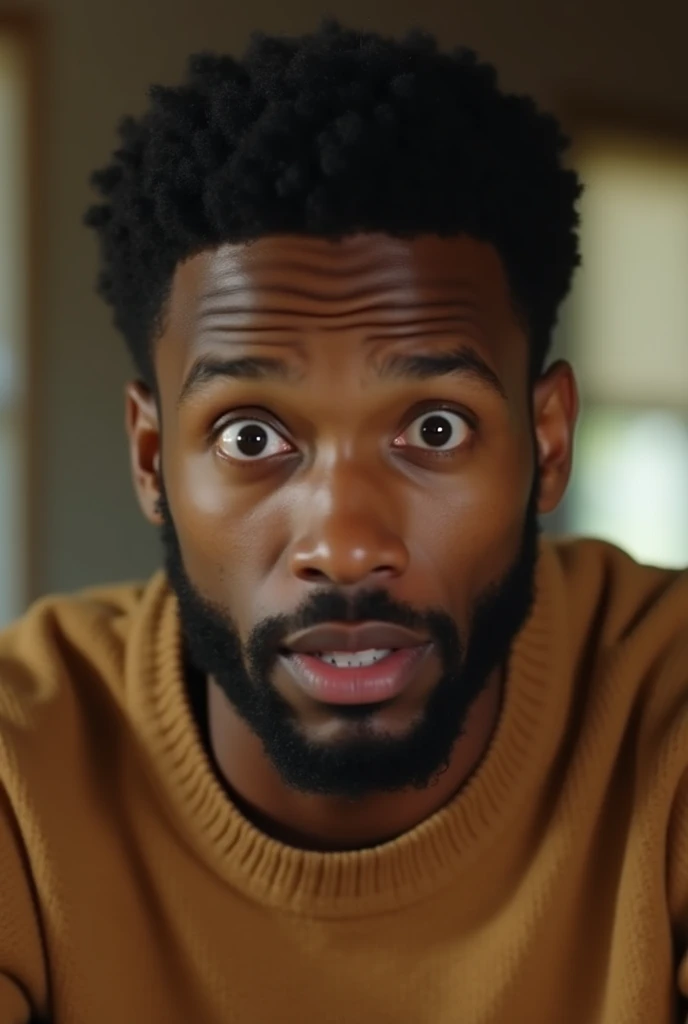 young man with his eyes cast downward, he is looking down, his eyes are looking straight down, highly detailed photograph of a man with an surprised facial expression. average looking black guy, he is wearing a tan sweater. dark haired man. half black, sho...