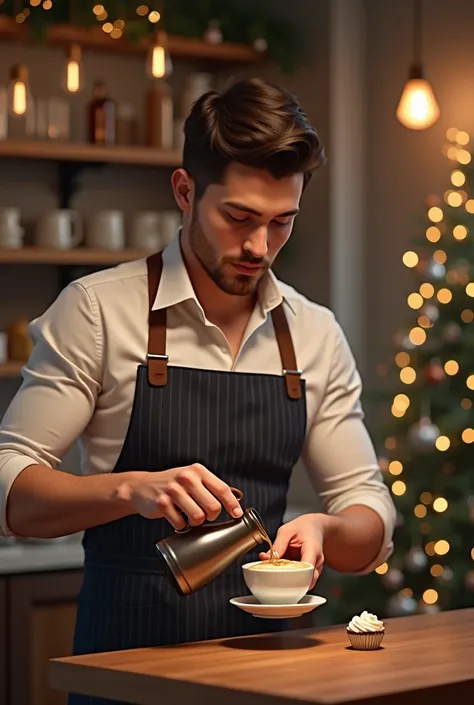 Handsome barista makes coffee in New Years cafe