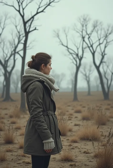 a woman in winter clothes looking at a dry pasture with many defoliated trees