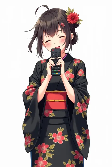 Adult woman wearing black yukata with flowers anime image with a television remote control white background and full body with an emotion of joy and embracing the TV control 

And Presenting the control with joy and nervousness on the cheek and embracing t...