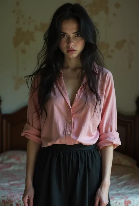  damirinka young standing in dirty old molon color bedroom, angry expression, detailed skin, long hair, short black skirt, pink linen blouse, dark hair, white skin, saggy tits, wide hips, pale skin, old and dirty room background, medium tits