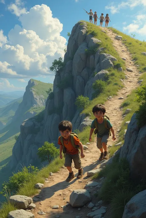 Two boys climbing a hill .  At the top there are four people 