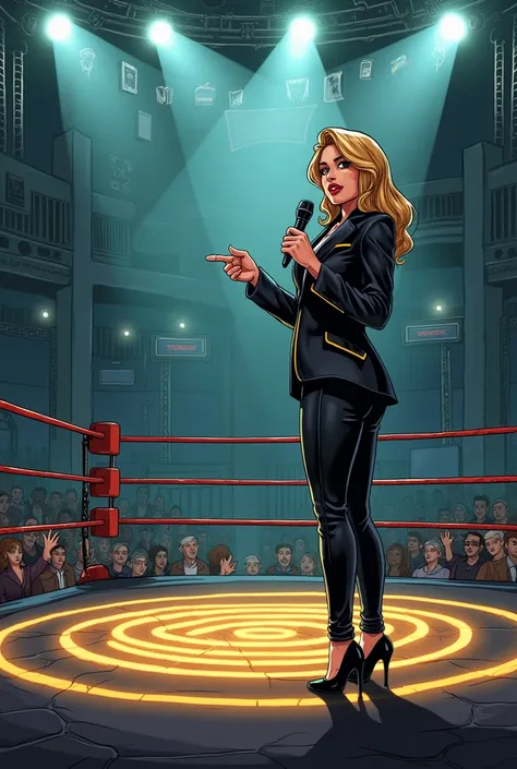 "Create a comic book style image of Tasha, the charismatic announcer, standing in the Labyrinth Arena, explaining the rules and environment of the upcoming match. Tasha is dressed in a stylish announcer outfit—a sleek black blazer with gold trim, paired wi...