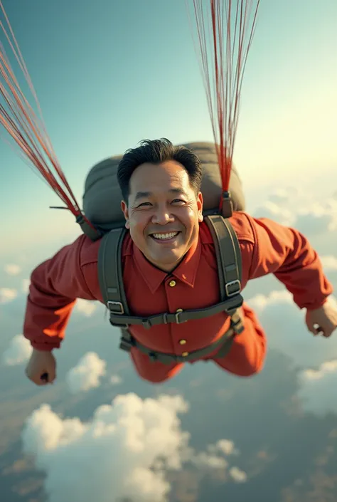 Make Mao Zedong super realistic by smiling while jumping out of a plane with a SUPER REALISTIC parachute  