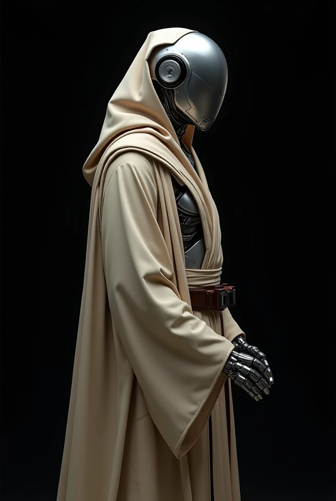 A SILVER-colored cyborg standing in profile in the foreground wearing a beige Star Wars JEDI robe with the hoodie on Cyber punk style on a black cartoon background