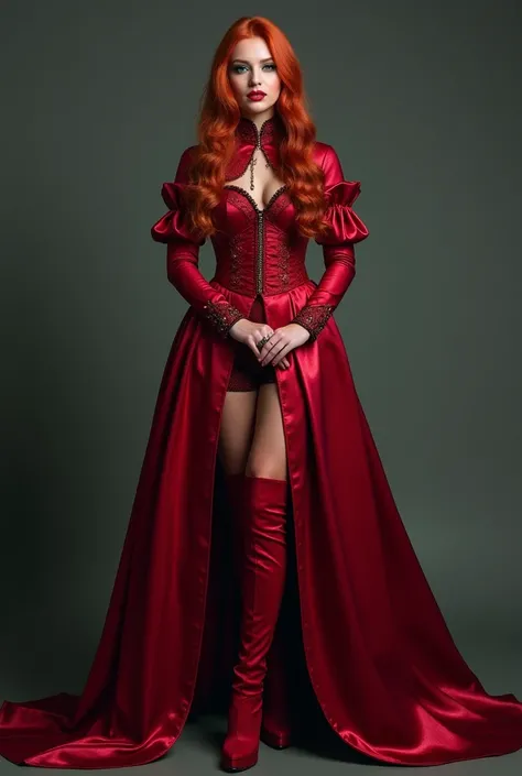 ((full body photo)), Full body shot of a woman, red platform High Heel Boots,  red hair Hochsteckfrisur Gothic-Mädchen, Darkening eyeshadow, 21 years elegant woman, pale skin, Maroon Red High Neck Shiny Satin Renaissance Chinoiserie Dress with High Collar,...