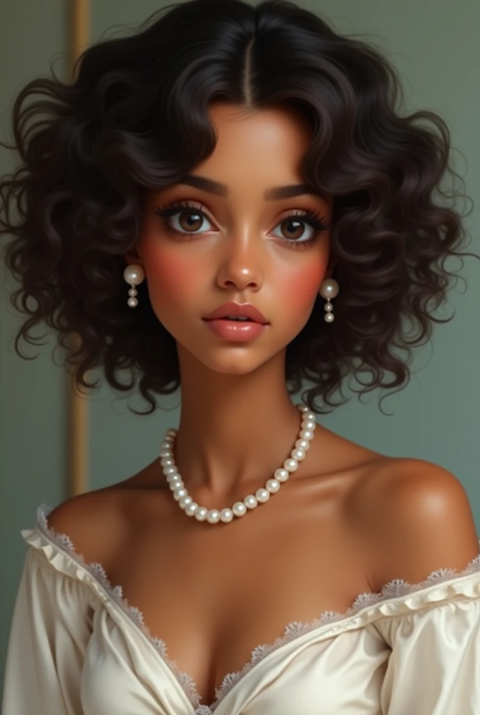  A girl with brown skin curly hair, with black eyes, medium not elongated , broad nose.  She wears an elegant white blouse ,  pearl earrings and necklace and a regal  