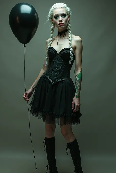 gorgeous female, long icy blonde/black Dutch braids, green eyes, clown makeup, wearing TEARS OF A CLOWN CORSET TOP, frilly skirt, knee high socks, ankle tie boots, holding a black balloon