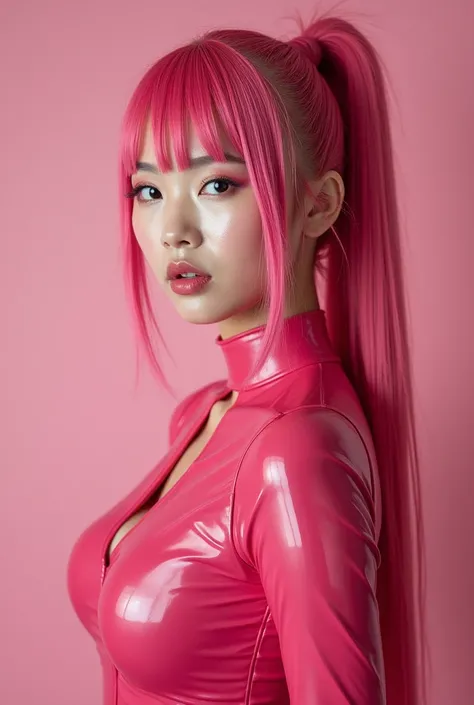 Latex Costume Young Japanese Woman Fuchsia Hair Pink High Definition Ponytail