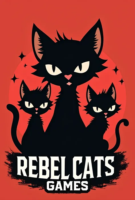 Create logo for Cardgame ,  with the name written Rebel Cats Games ,  with silhouettes of a rockabilly tufted cat 