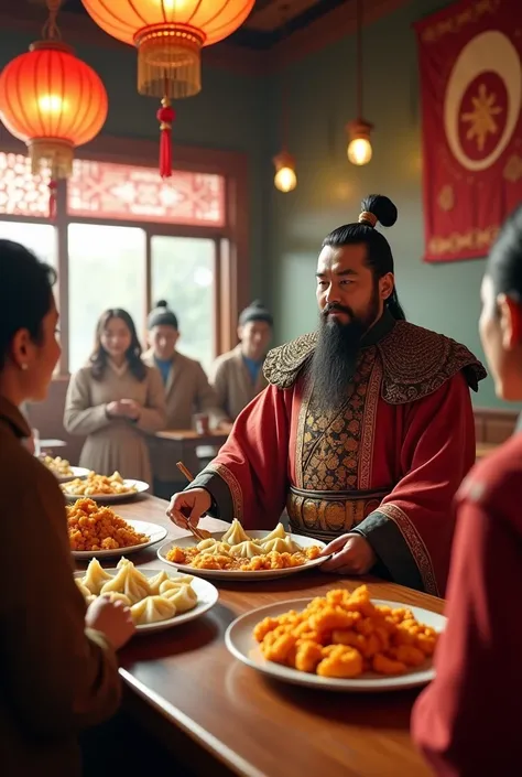 Genghis khan serving up buuz and orangechicken on a platter in his very own mongolian panda express restaurant to customers 