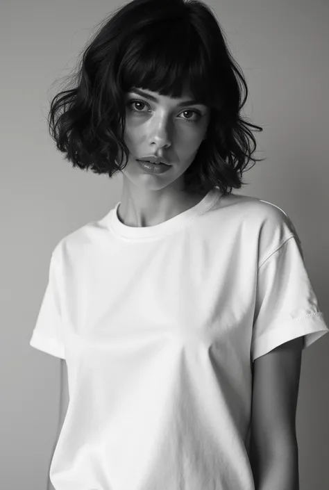 analog photo of a beautiful woman, (in photography style of: László Moholy-Nagy, laura makabresku, tyler shields), very short wavy bob hair with bangs, wearing plain white oversized T-shirt with a crew neckline short-sleeve T-shirt