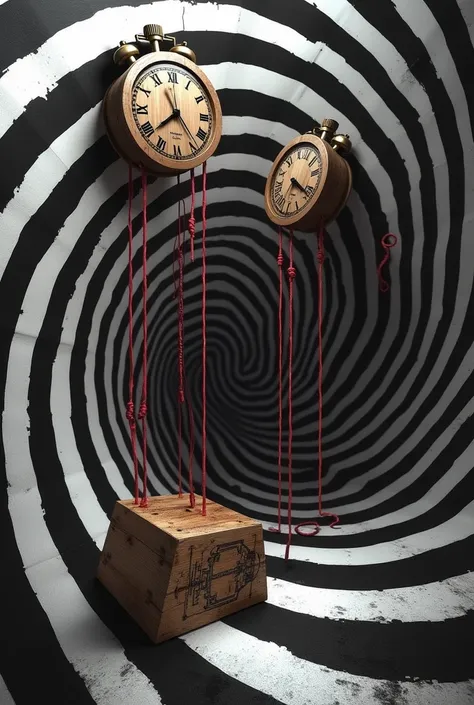  I want you to make a work of art with a black and white spiral background , On these there will be two watches in each corner of the upper part ,  these will have red threads and will be like a wooden humans puppeteer