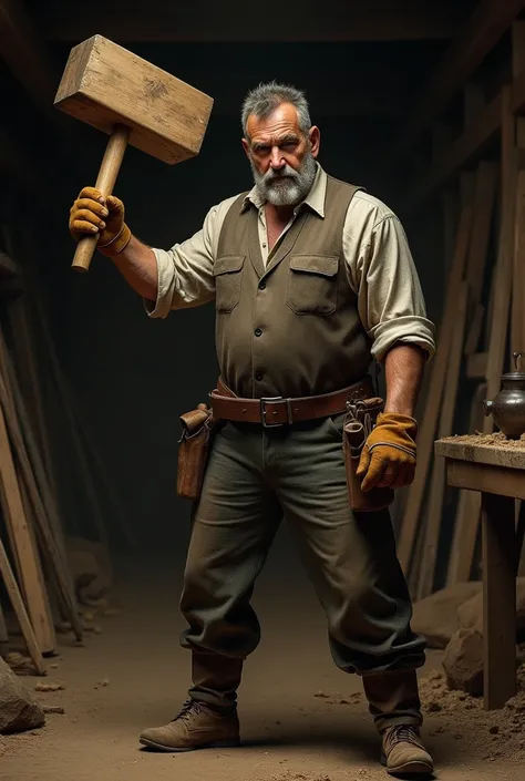 man is holding a wooden mallet