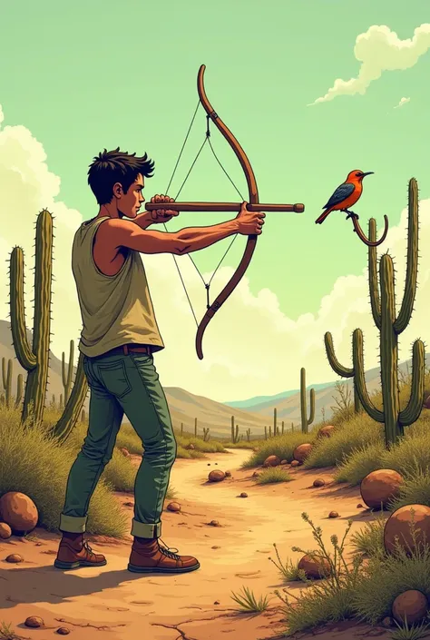  A young man in a typical Caatinga setting , Aiming with a whale  ( slingshot)  on a small bird perched on a dry and thorny branch . the environment is arid,  with scant vegetation composed of cacti ,  dry shrubs and cracked soil under an intense sun .  Th...