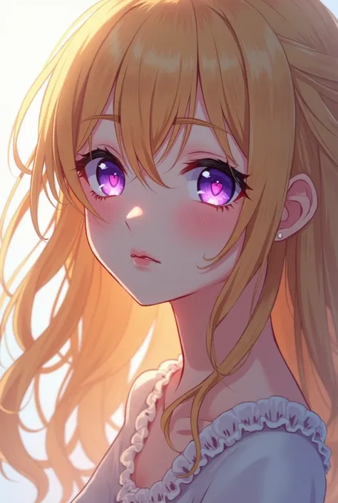 blonde haired anime girl with purple eyes