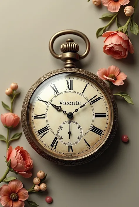  Antique hand watch with the 00 time:31 am date 19 of 04 the name Vicente with flowers on the sides