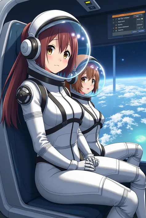 masterpiece:1.4, masterpiece, Highest quality, high resolution, newest, 2girls, friends, (group shot):5, (upper body):5, kyoto animation style, detailed, BREAK (space shuttle interior):1.4, (spacecraft seat with safety harness):1.3, (securely strapped in):...