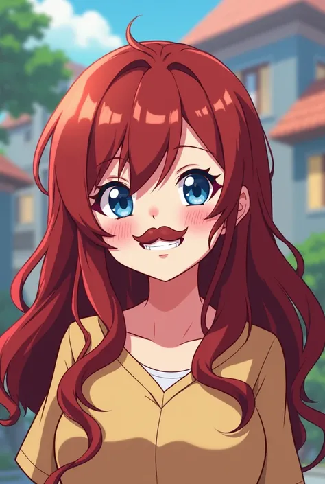 Very Chubby anime girl with long wavy dark red hair, blue eyes and a mustache 