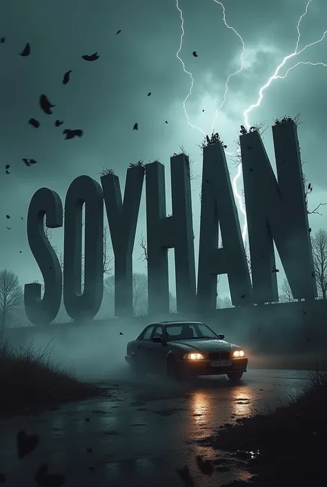  Huge written Soyhan lettering broken sign,  raining lightning strikes , black car and flying leaves  