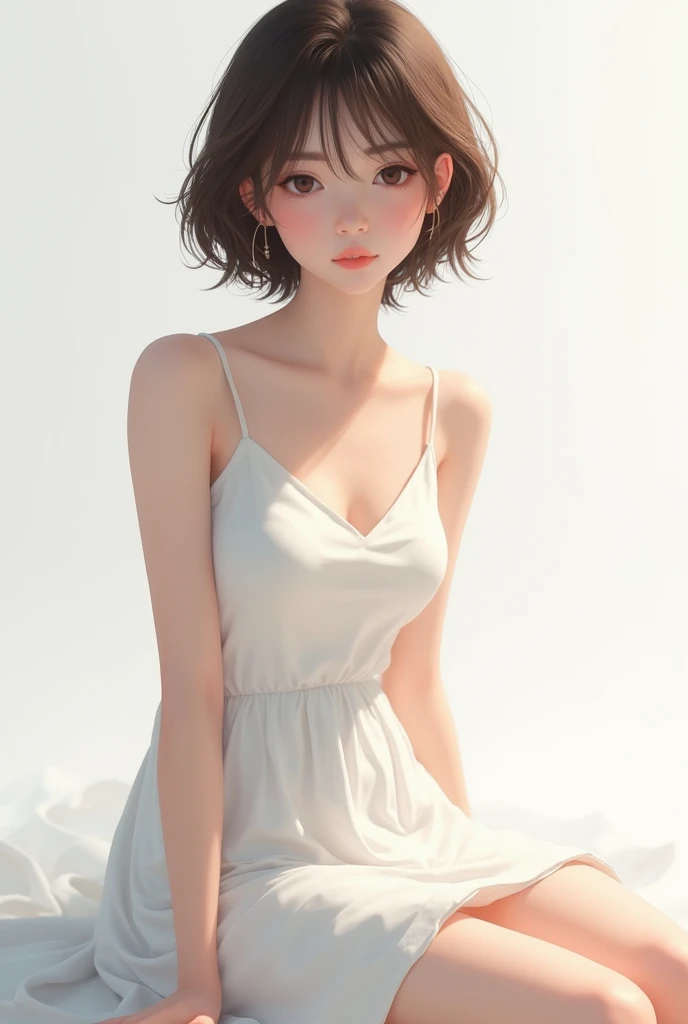 1girl, solo, looking at viewer, short hair, brown hair, sitting, brown eyes, upper body, white dress, pink lips