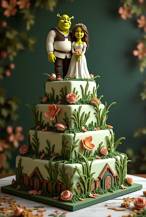 Large square wedding cake with the name Shrek and Shereka 