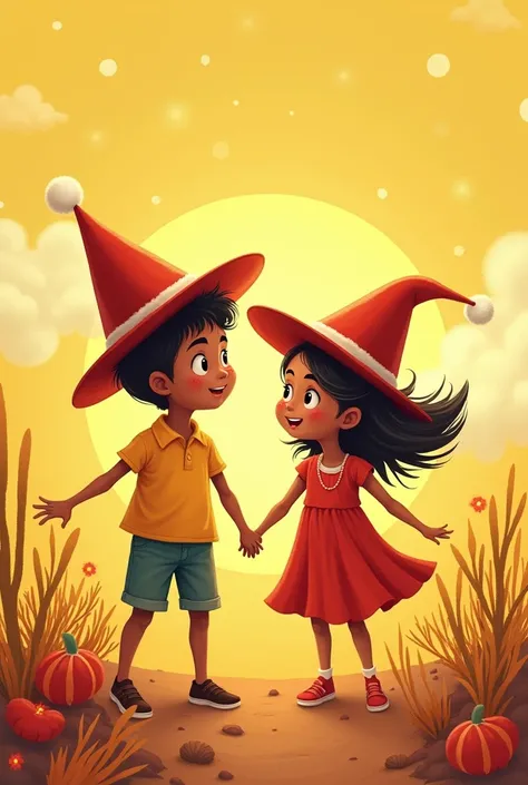 Book cover,  of two ren in northeastern Brazil in dry weather.  a boy and a girl.  With red Saci hats flying.  With the title being "The hats of Saci "  and a subtitle of  "FILHOS DO SERTÃO VOL . 1".  Put on a more youthful style and a more yellowish tint....