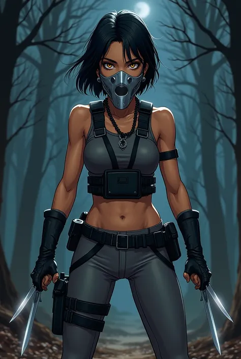 I want a beautiful female vigilante. Shes Navajo and has short black hair, tan-bronze skin, and amber eyes. I want her to be dressed in a gray tactical bodysuit, a black bulletproof vest, a metallic muzzle covering her mouth, gloves, gun holsters, a utilit...