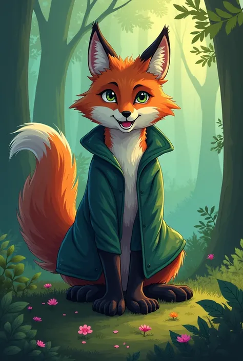 draw a Cat, fox, wolf furry form. Happy, bold, and confident pose, but not a jerk. Deep jewel-toned colors like emerald, amethyst, sapphire, and citrine, not super bright greens, purples, blues, and yellows. With nature, like a forest or something nature-o...