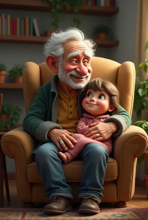 Make a 90-year-old man with his granddaughter on his lap and theyre in an armchair 