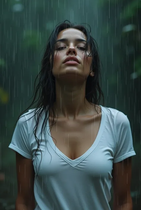  A woman standing in intense rain ,  captured in a foreground from the waist up .  She wears a white t-shirt that ,  drenched in rain , highlights your figure. The water falls with force ,  creating small drops that illuminate her face ,  expressing sereni...