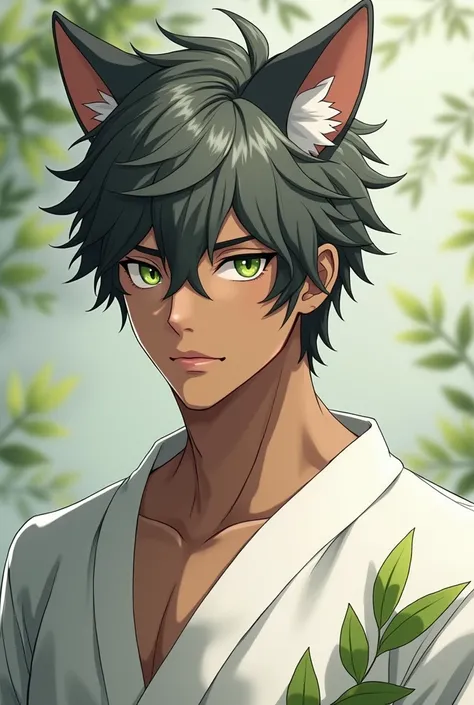 Realistic anime-style 4k quality image ,  where there is a handsome 23-year-old man , Half human and half feline with cat ears , He has dark brown skin ,  gray hair and long , eyes in the color green .  This same man has a serious and calm face , And a sti...