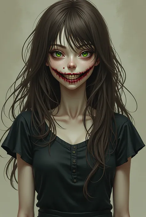 Make a young woman
Age : Around the age of 20
Height : 1, 68
White skin 
Long brown hair
Green eyes
Your whole body is distorted, With a macabre smile 
manga style /anime