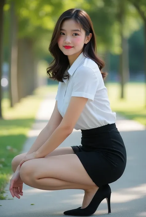 Realistic photograph of full body of a beautiful young girl , wide angle view, looking at viewer, makeup, blush, red lipstick, white shirt short sleeve, black short pencil skirt, black high heel shoes, smile expression, kneels and sit with legs to the side...